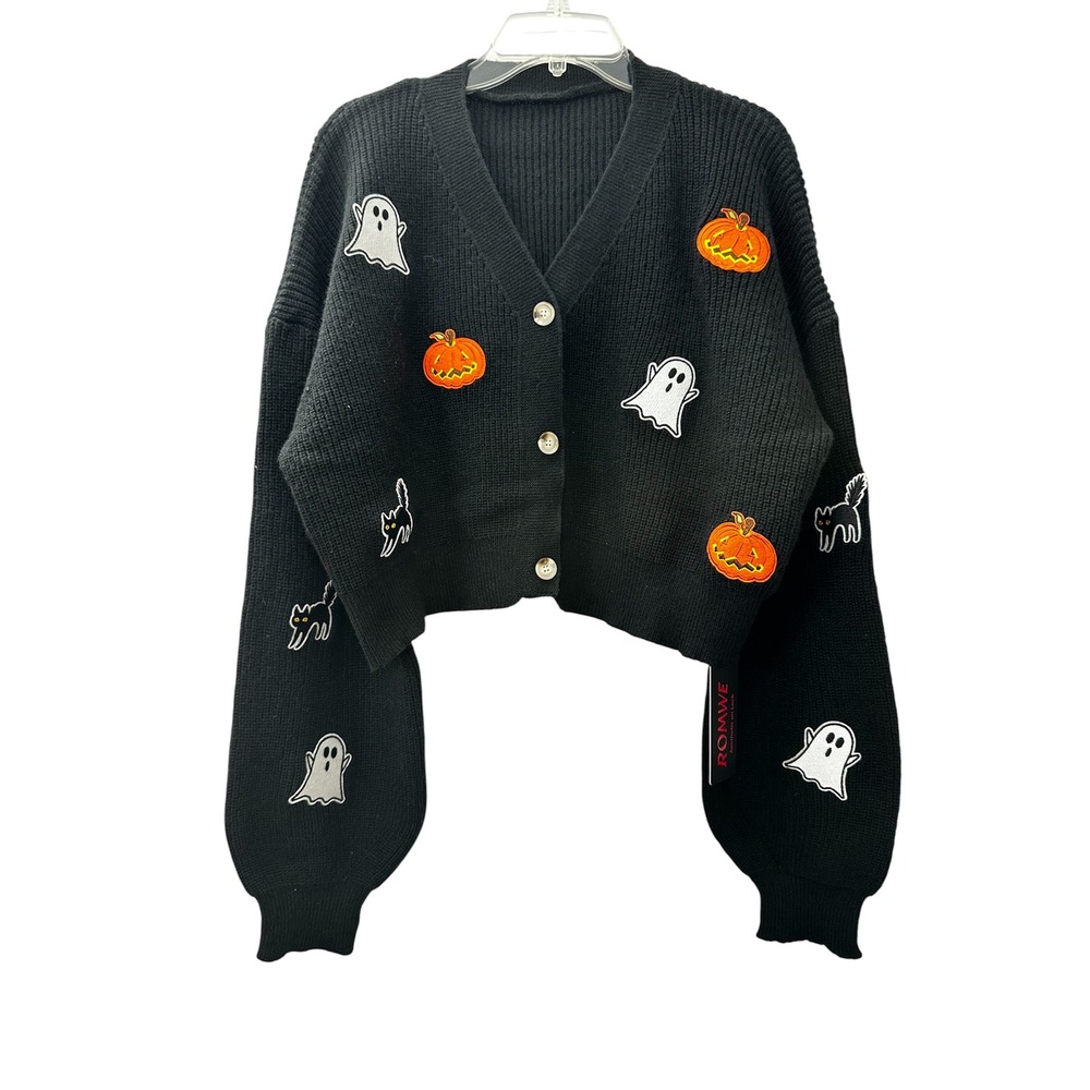 NWT Romwe Halloween Sweater Cropped Cardigan Black Pumpkin Ghost Cat Women's XL